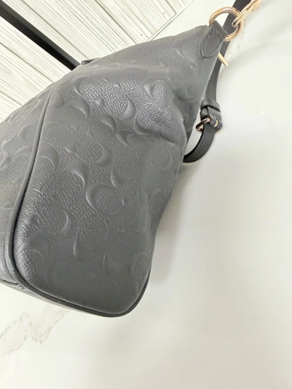 Coach Black Signature Debossed Leather Tote Chain Strap Crossbody Bag - Picture 7 of 16